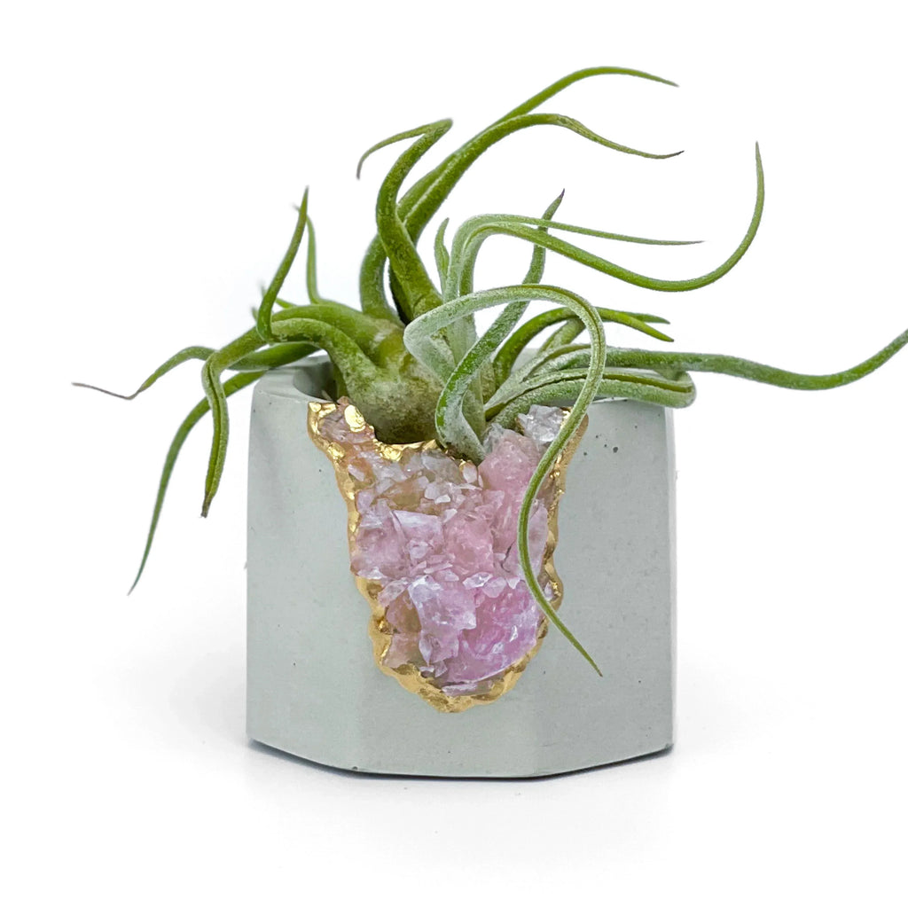 Rose Quartz Geode Planter Natural Stone Crystal Vessel, angled view - House Of Avana