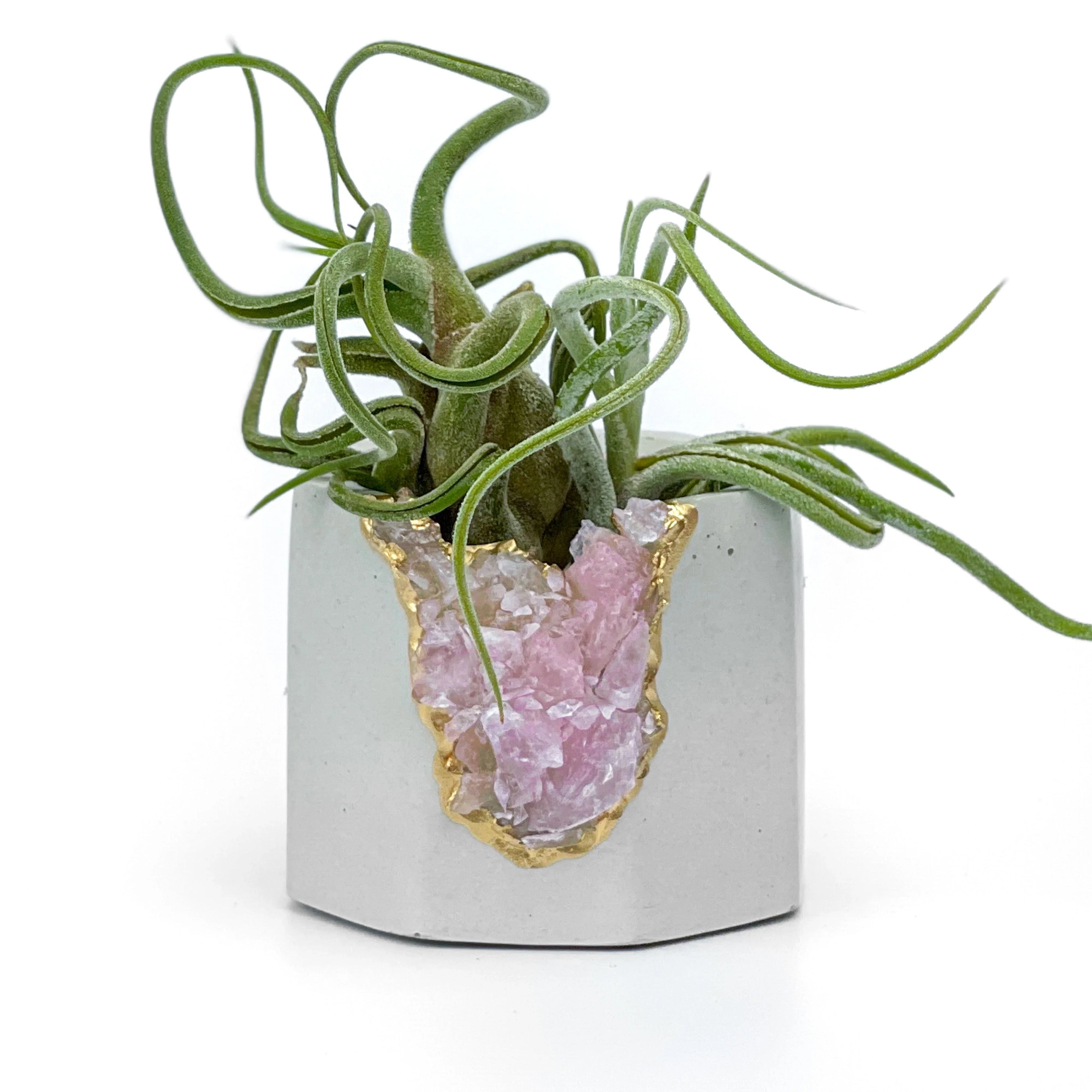 Rose Quartz Geode Planter Natural Stone Crystal Vessel, angled view - House Of Avana