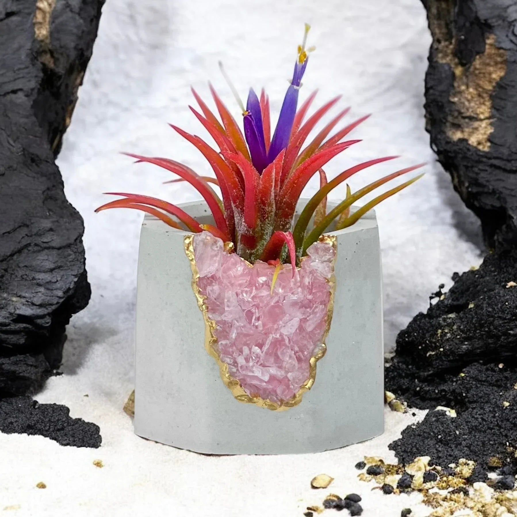 Rose Quartz Geode Planter with Natural Stone Layers, front view - House Of Avana