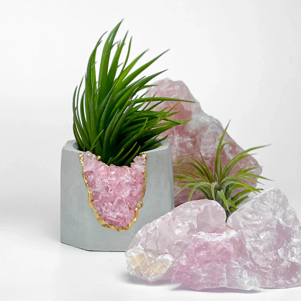 Rose Quartz Geode Planter with Natural Stone Layers, top view - House Of Avana