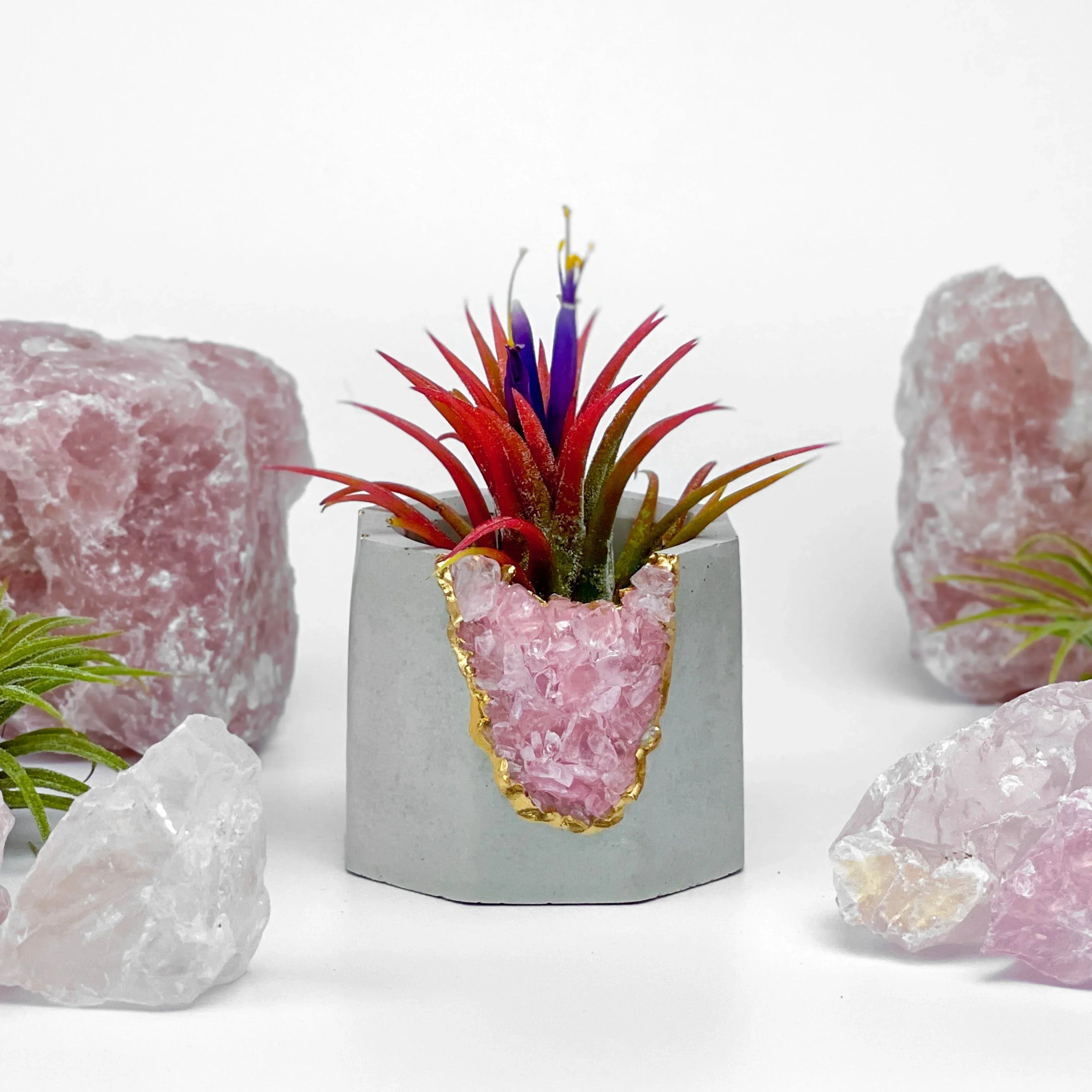 Rose Quartz Geode Planter with Natural Stone Layers, angled view - House Of Avana