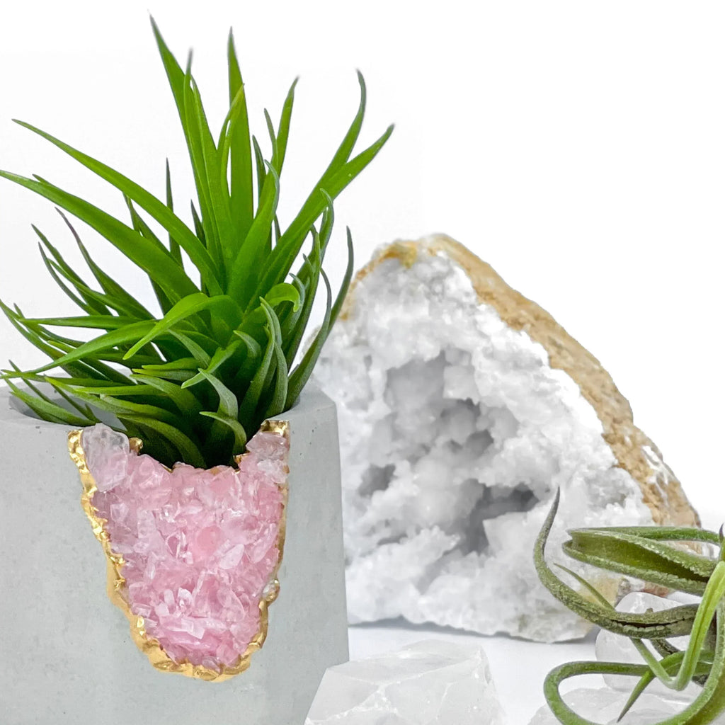 Rose Quartz Geode Planter with Natural Stone Layers, angled view - House Of Avana
