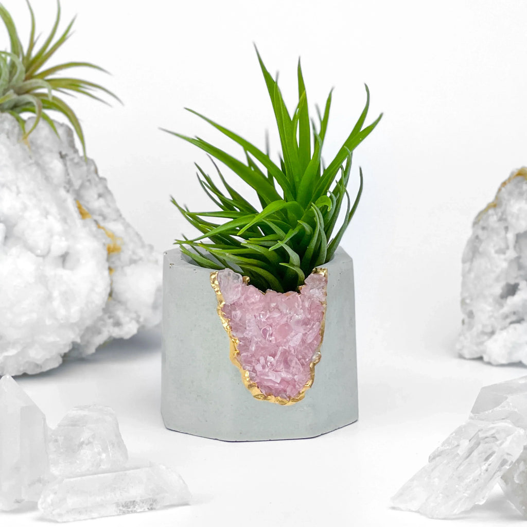 Rose Quartz Geode Planter with Natural Stone Layers, angled view - House Of Avana