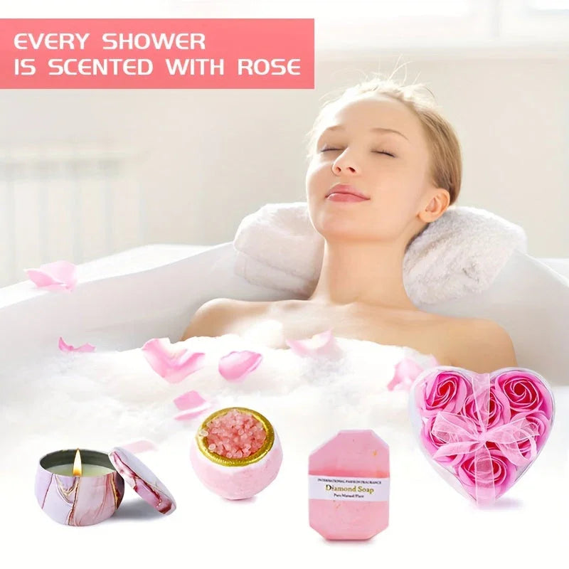 White ceramic bath gift set with rose scented candles, relaxing ambiance - House of Avana