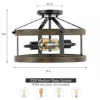 Round 13-inch Metal Wood Farmhouse 2-Light Ceiling Lamp - Semi-Flush Mount