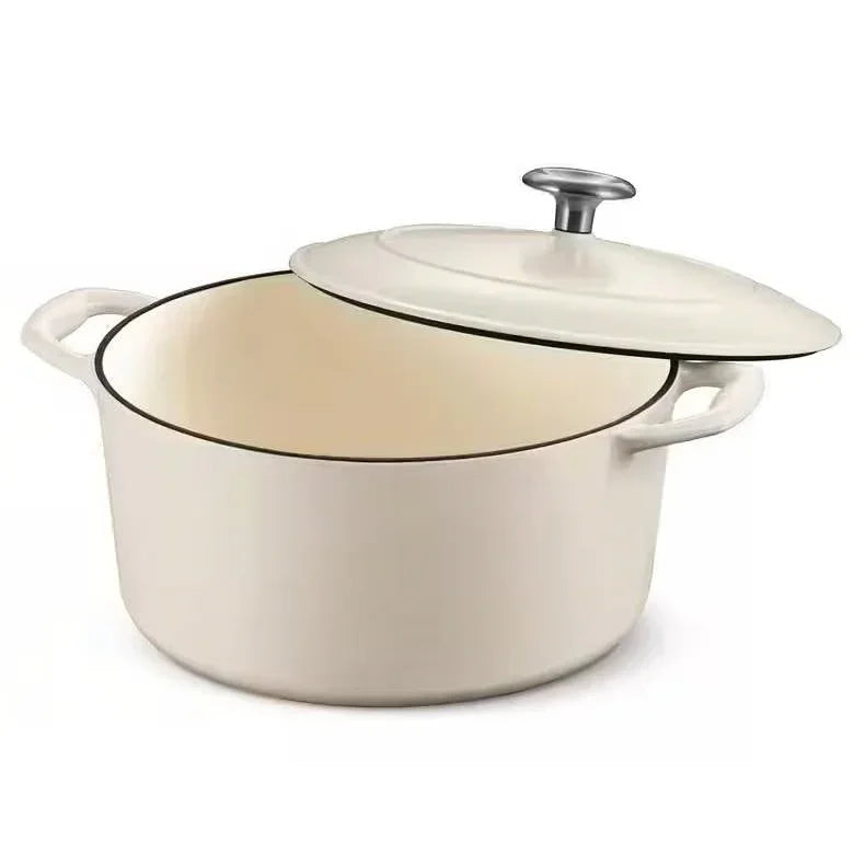 Round 5.5 Quart White Beige Enameled Oven Safe Cast Iron Dutch Oven with Lid