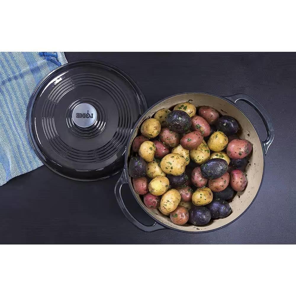 Round 6-Quart Black Enamel Cast Iron Dutch Oven with Lid