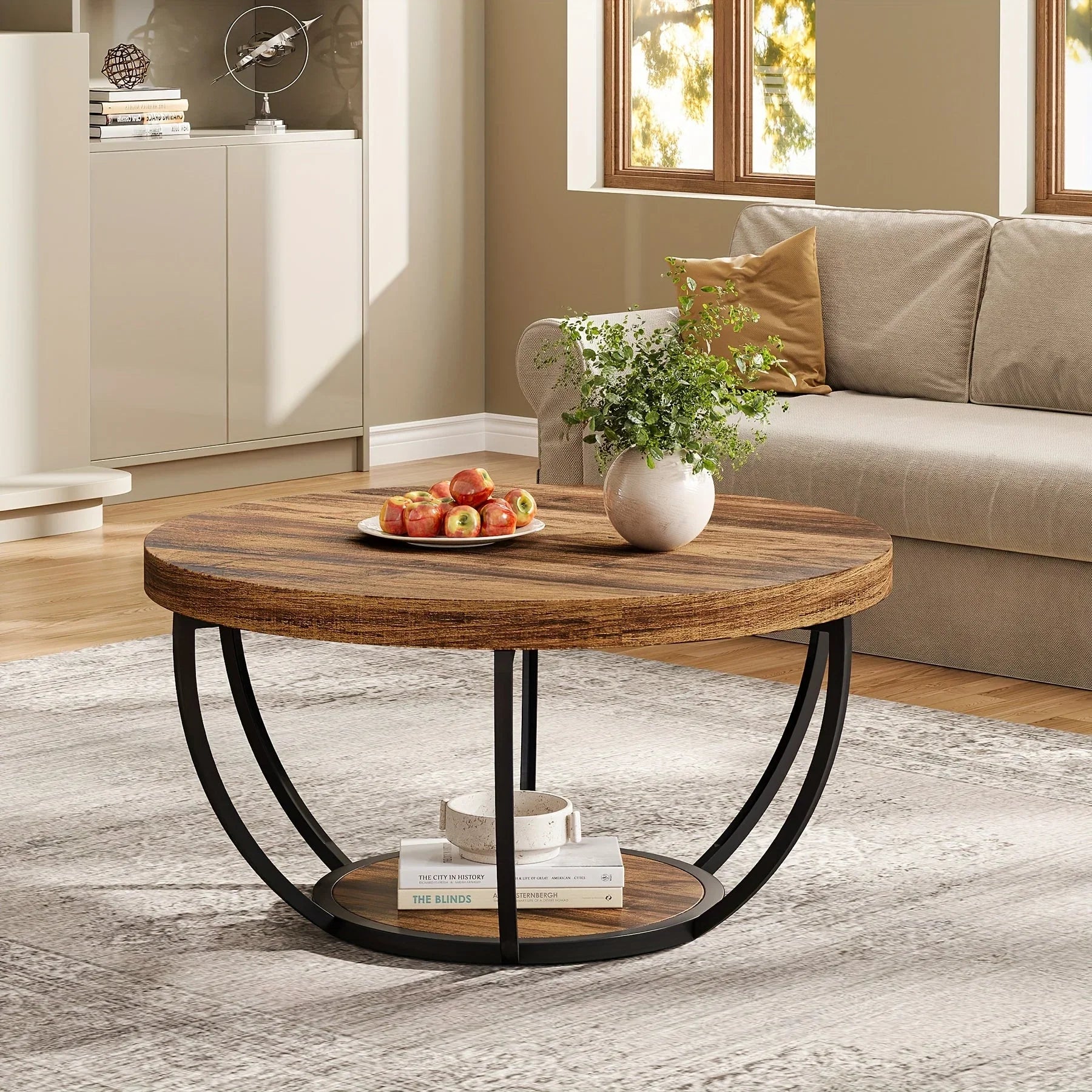 Round Coffee Table, 80.52cm Wooden 2-Tier Circle Coffee Table With Storage Shelves, Modern Accent Cocktail Table Center Table For Living Room House Of Avana