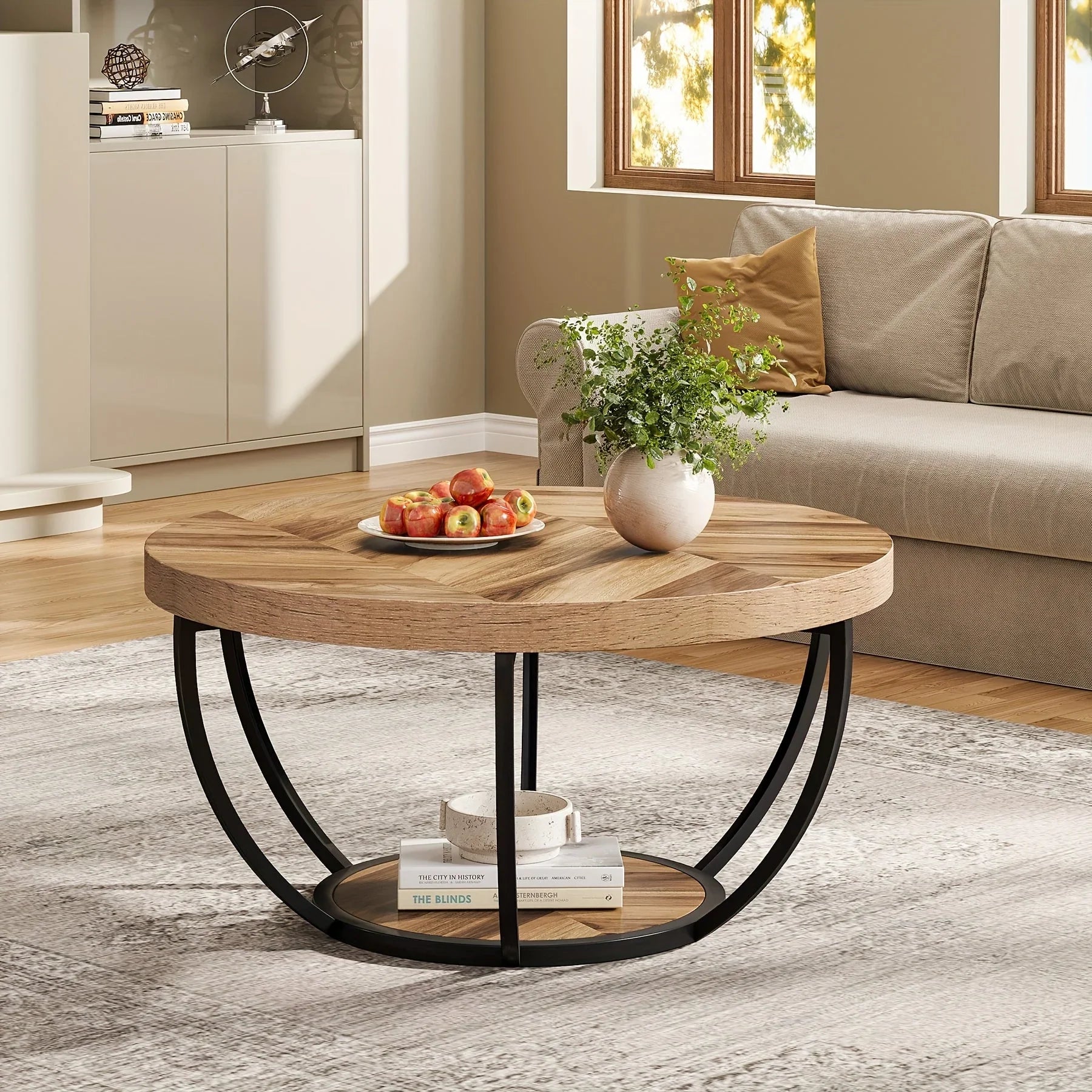 Round Coffee Table, 80.52cm Wooden 2-Tier Circle Coffee Table With Storage Shelves, Modern Accent Cocktail Table Center Table For Living Room House Of Avana