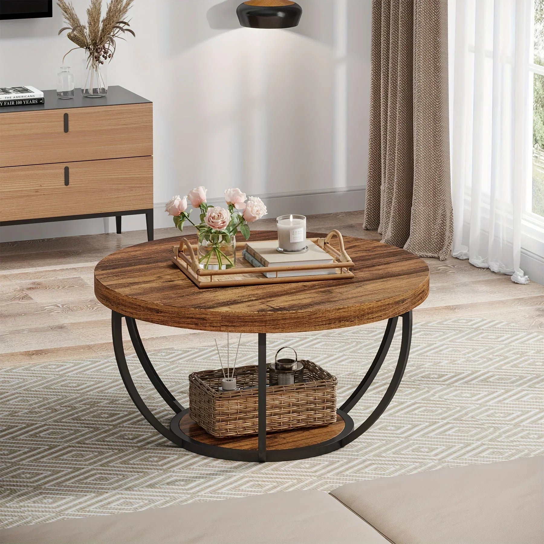 Round Coffee Table, 80.52cm Wooden 2-Tier Circle Coffee Table With Storage Shelves, Modern Accent Cocktail Table Center Table For Living Room House Of Avana