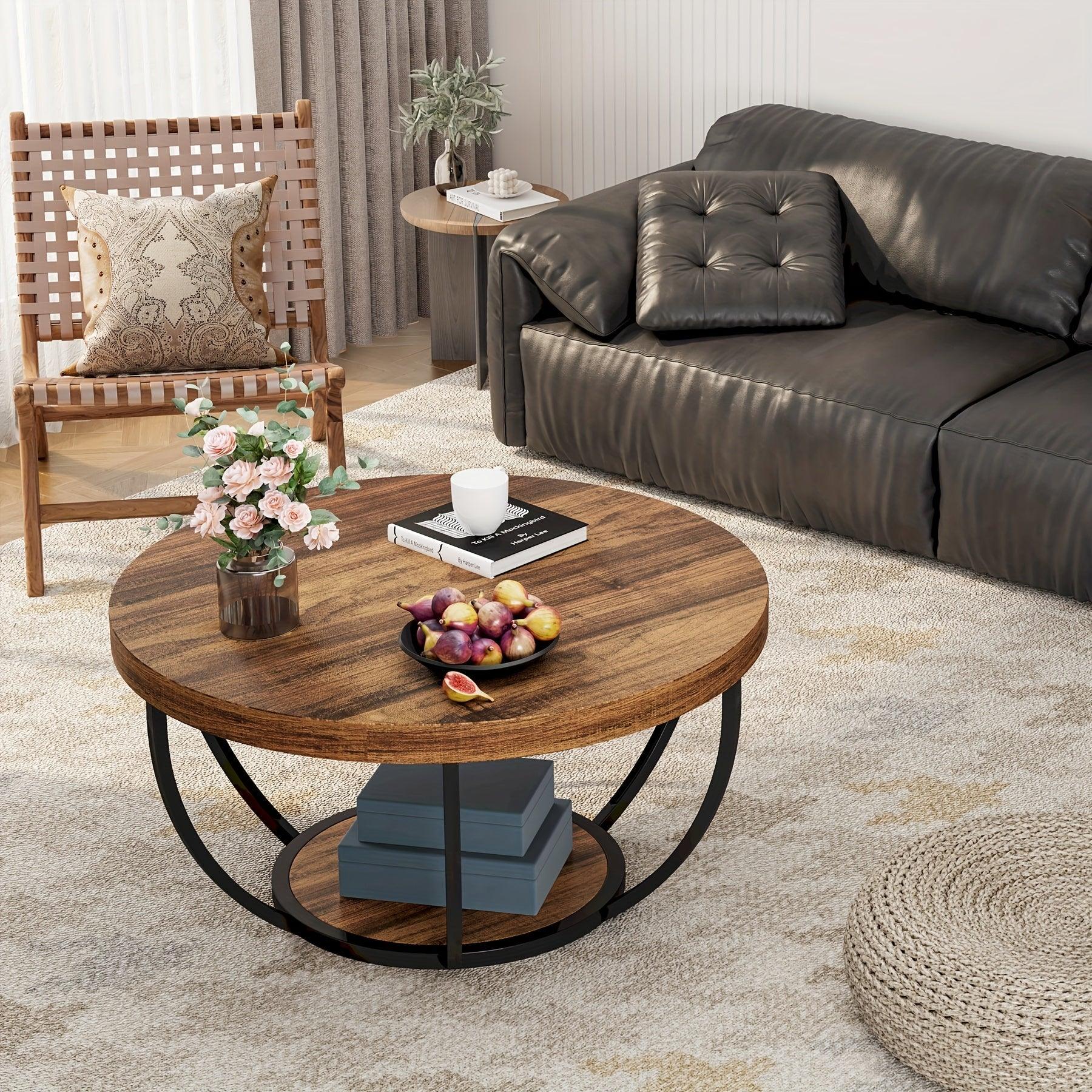 Round Coffee Table, 80.52cm Wooden 2-Tier Circle Coffee Table With Storage Shelves, Modern Accent Cocktail Table Center Table For Living Room House Of Avana