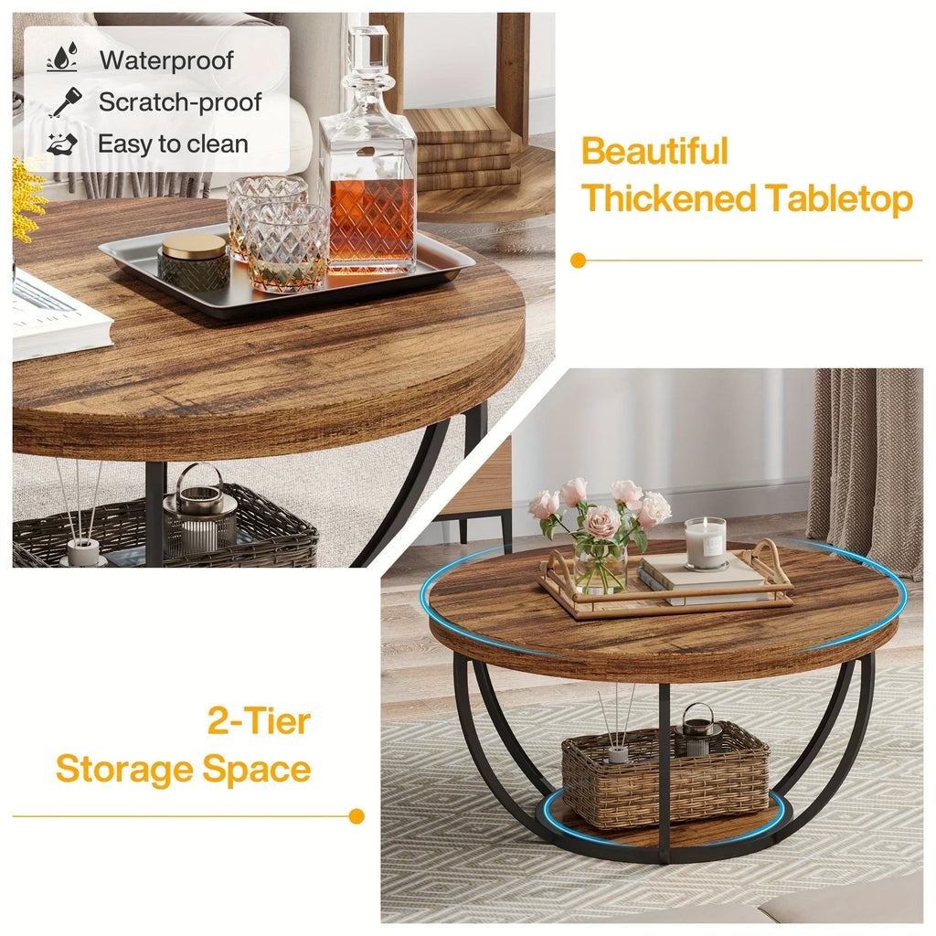 Round Coffee Table, 80.52cm Wooden 2-Tier Circle Coffee Table With Storage Shelves, Modern Accent Cocktail Table Center Table For Living Room House Of Avana