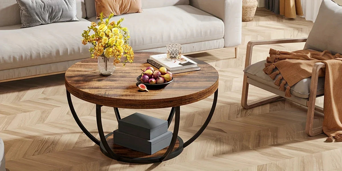 Round Coffee Table, 80.52cm Wooden 2-Tier Circle Coffee Table With Storage Shelves, Modern Accent Cocktail Table Center Table For Living Room House Of Avana