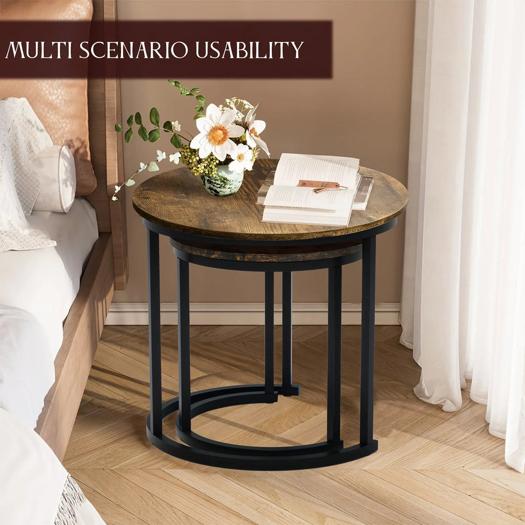 Nesting Coffee Table Set of 2, Round Coffee Table with Wood Grain Top, Non-slip, Industrial Grade Side Table, Suitable for Living Room, Bedroom, Balcony, Courtyard House Of Avana