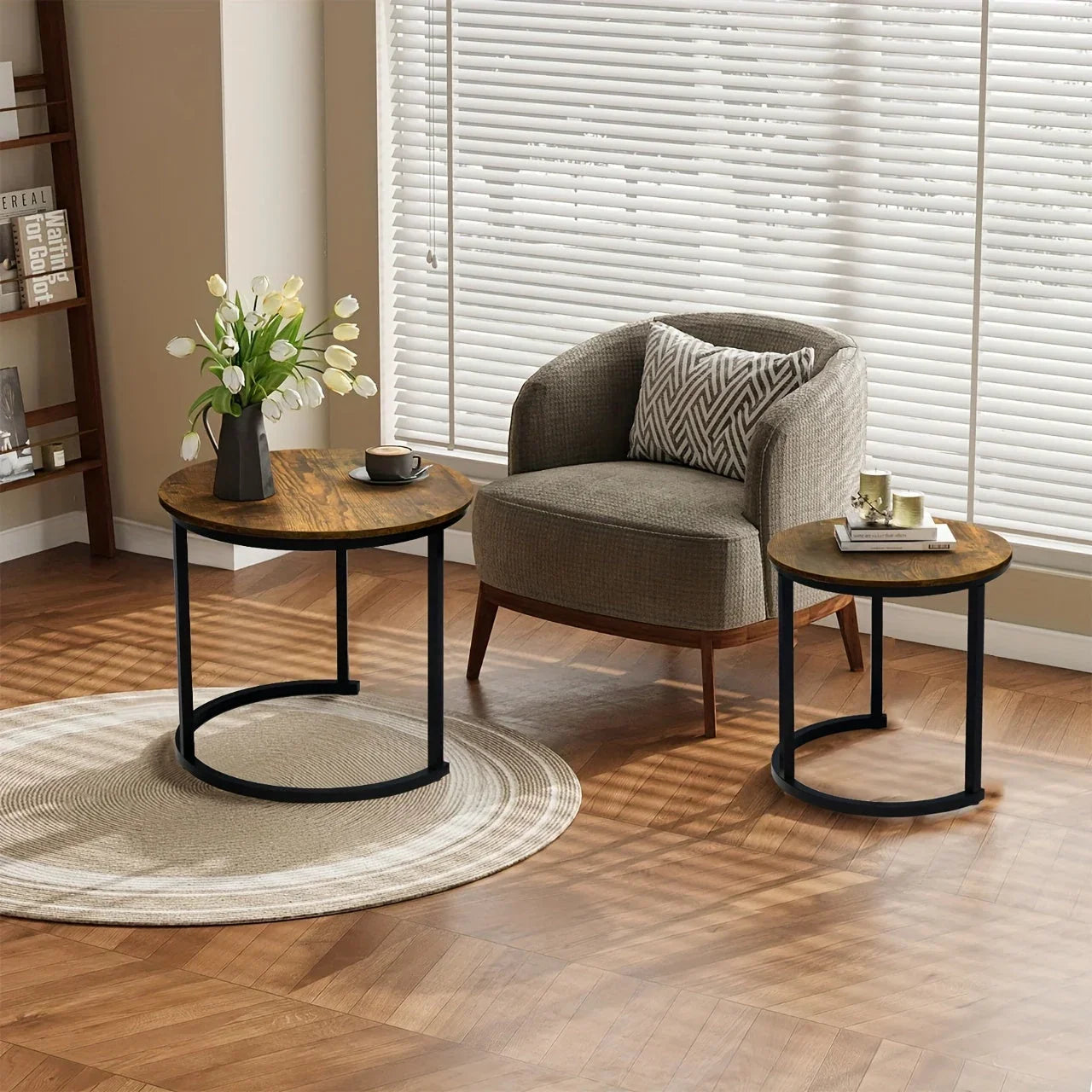 Nesting Coffee Table Set of 2, Round Coffee Table with Wood Grain Top, Non-slip, Industrial Grade Side Table, Suitable for Living Room, Bedroom, Balcony, Courtyard House Of Avana