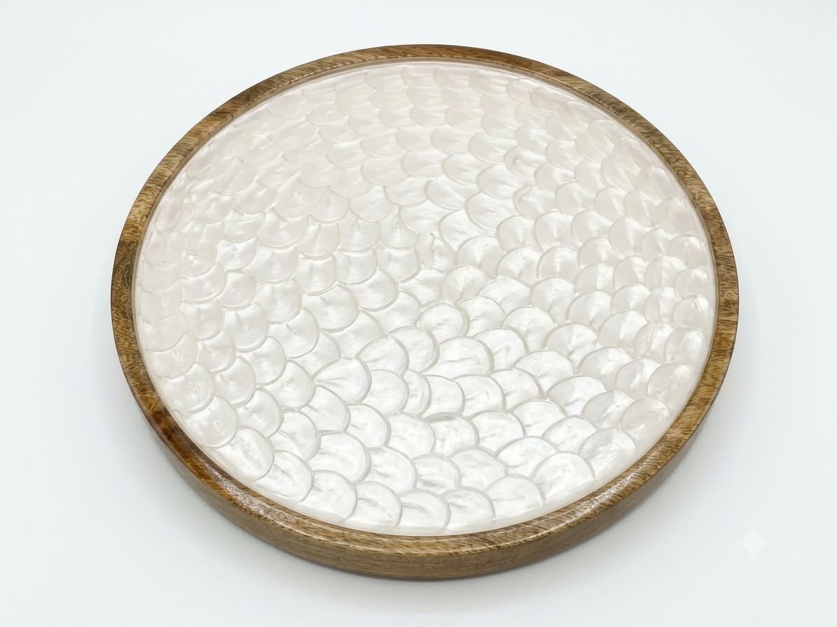 Round Enamel Mango Wood Platter in Pearl White Scallop, handcrafted in Moradabad, India