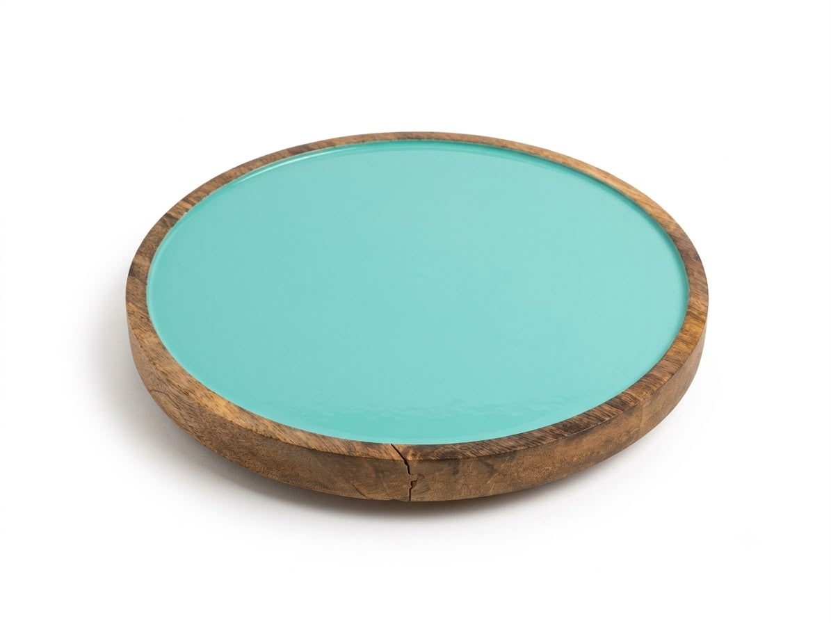 Round Enamel Mango Wood Platter in Turquoise, handcrafted in Moradabad, India