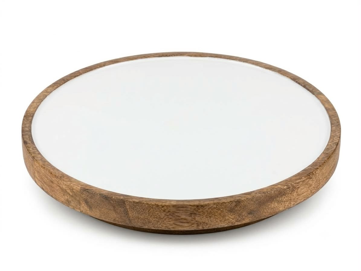 Round Enamel Mango Wood Platter in White, handcrafted in Moradabad, India