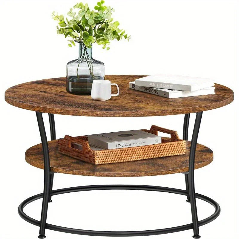Coffee Table, Round Cocktail Table With Shelf, Tea Table, Easy Assembly, Metal, Industrial Design House Of Avana