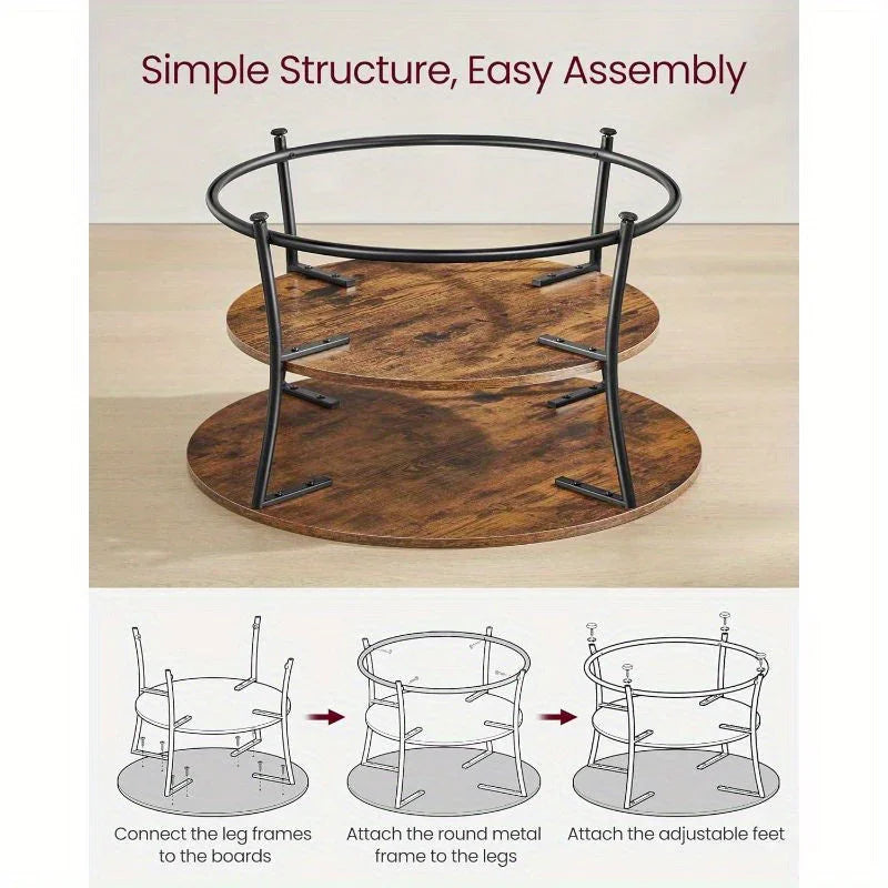 Coffee Table, Round Cocktail Table With Shelf, Tea Table, Easy Assembly, Metal, Industrial Design House Of Avana