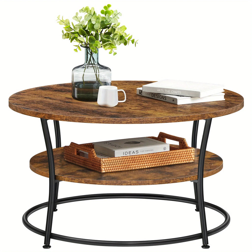 Coffee Table, Round Cocktail Table With Shelf, Tea Table, Easy Assembly, Metal, Industrial Design House Of Avana