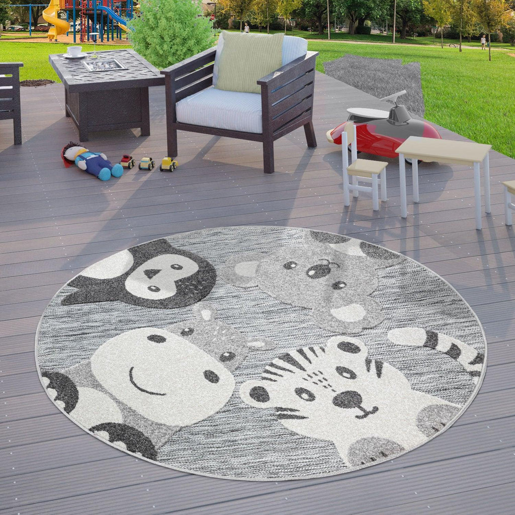 Round Kids Rug Lilo Cute Zoo Animals - Grey, back view - House Of Avana
