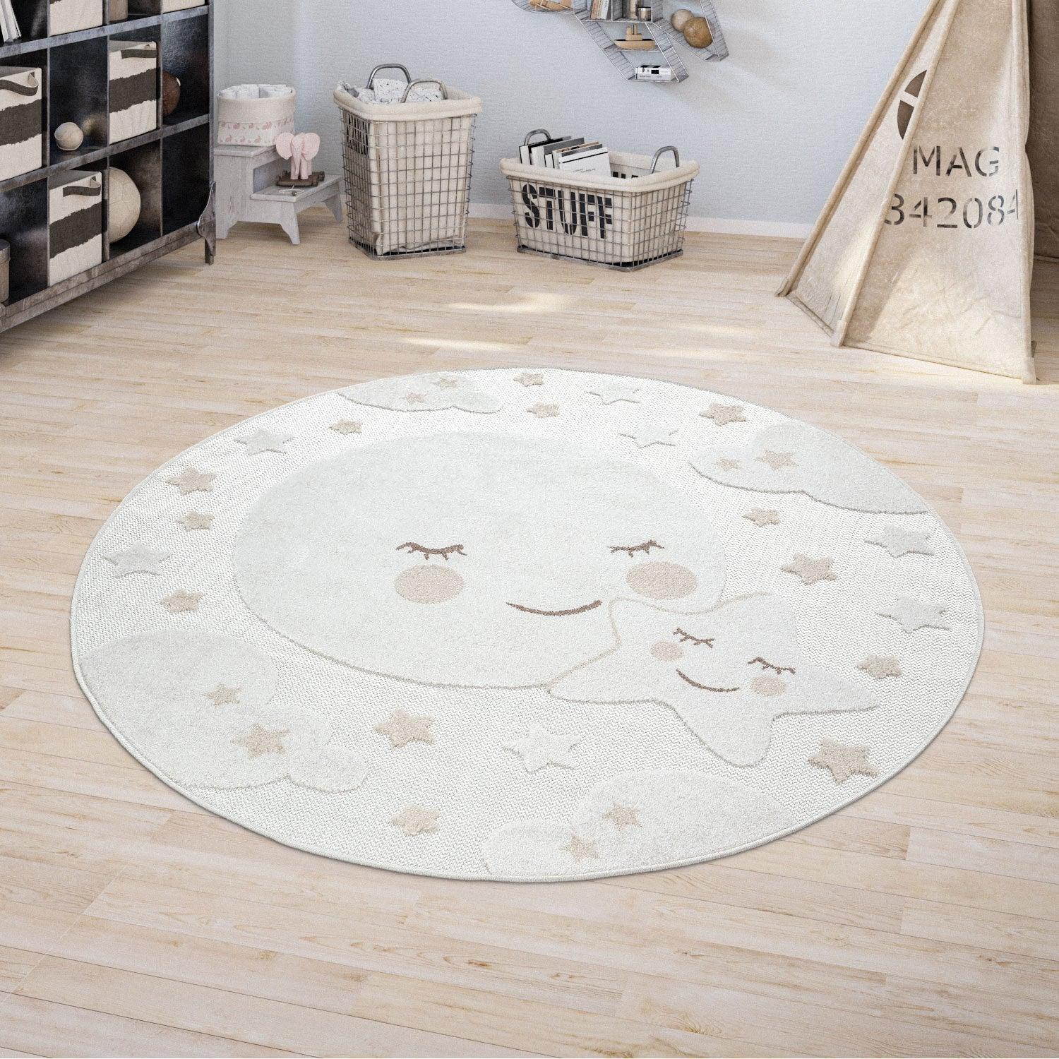 Round Kids Rug Tweet Cuddling Moon & Stars - Cream Beige RugYourHome