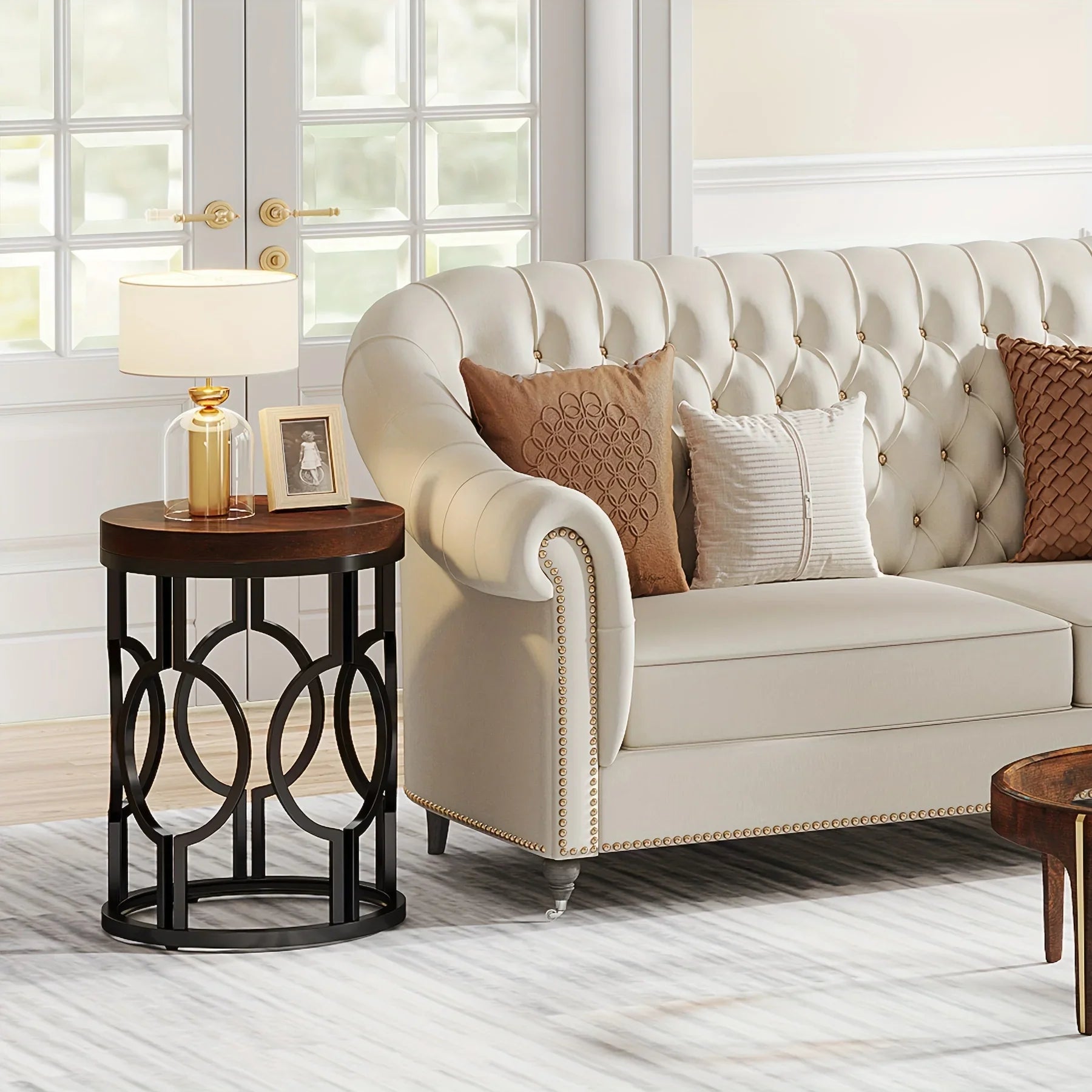 Metal accent end table with round frame, gold finish - House of Avana