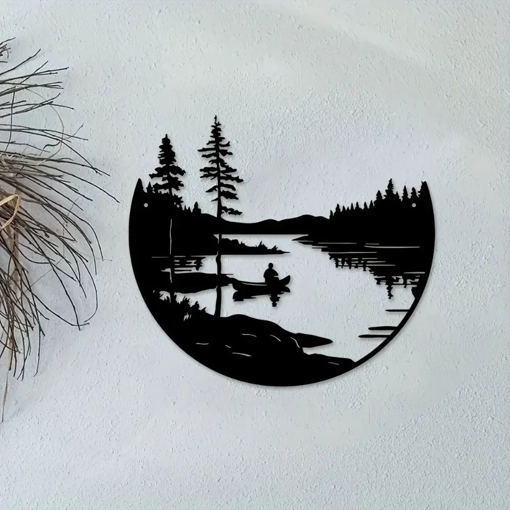 Round Metal Wall Art with Mountain and Lake Sculpture - House Of Avana