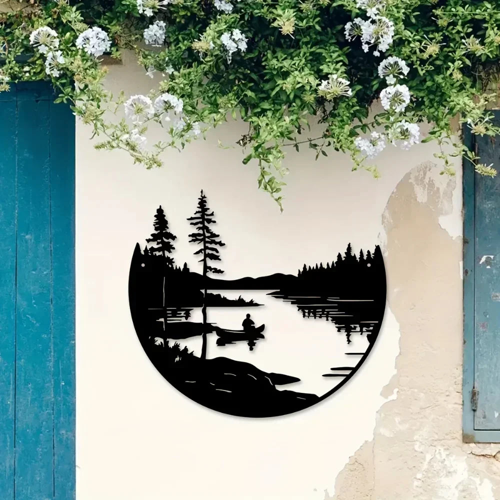 Round Metal Wall Art with Mountain and Lake Sculpture - House Of Avana