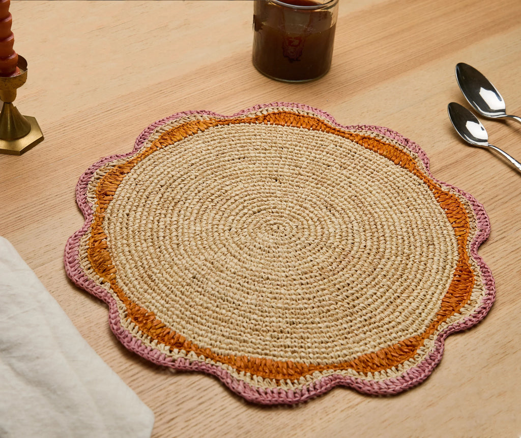 Round Pink Raffia Placemat – 14” Handwoven Crochet – Garden Party & Summer Table Decor Payton James