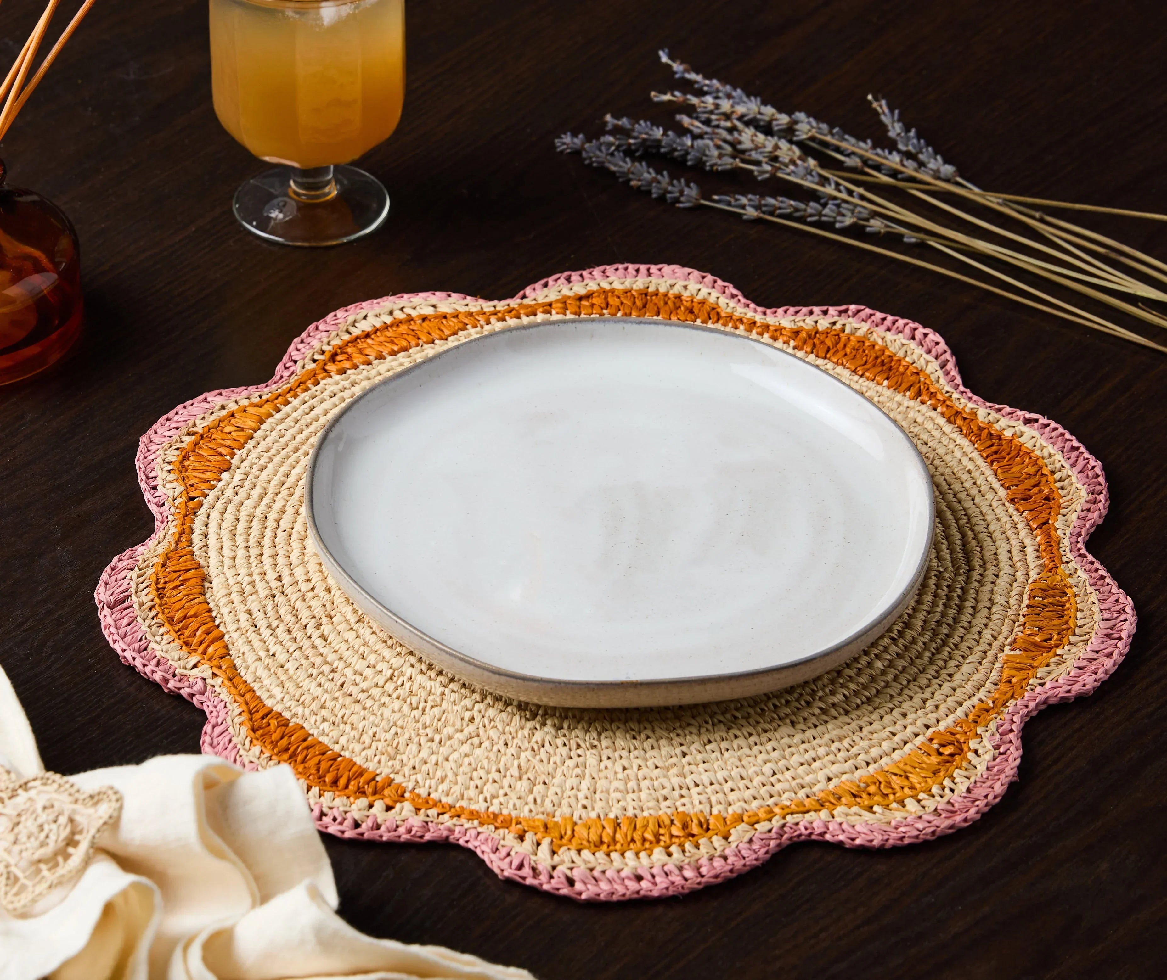 Round Pink Raffia Placemat – 14” Handwoven Crochet – Garden Party & Summer Table Decor Payton James