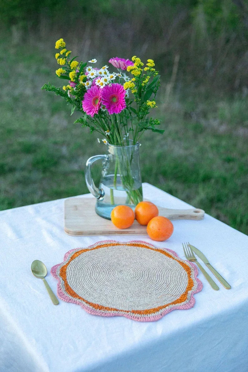 Round Pink Raffia Placemat – 14” Handwoven Crochet – Garden Party & Summer Table Decor Payton James
