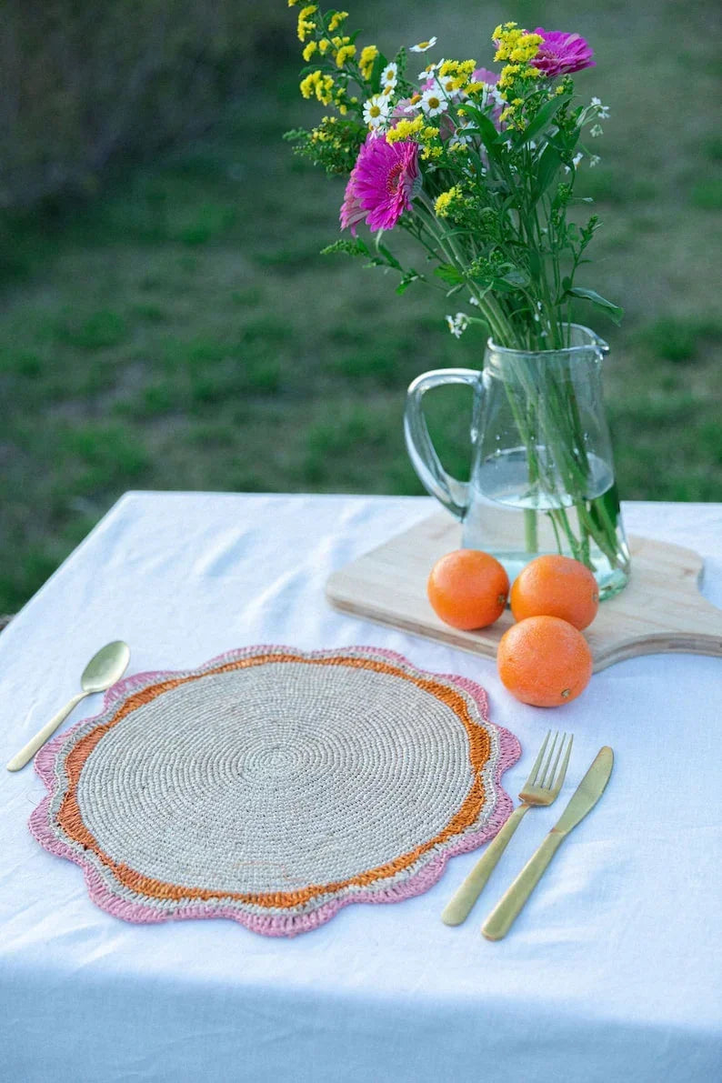 Round Pink Raffia Placemat – 14” Handwoven Crochet – Garden Party & Summer Table Decor Payton James