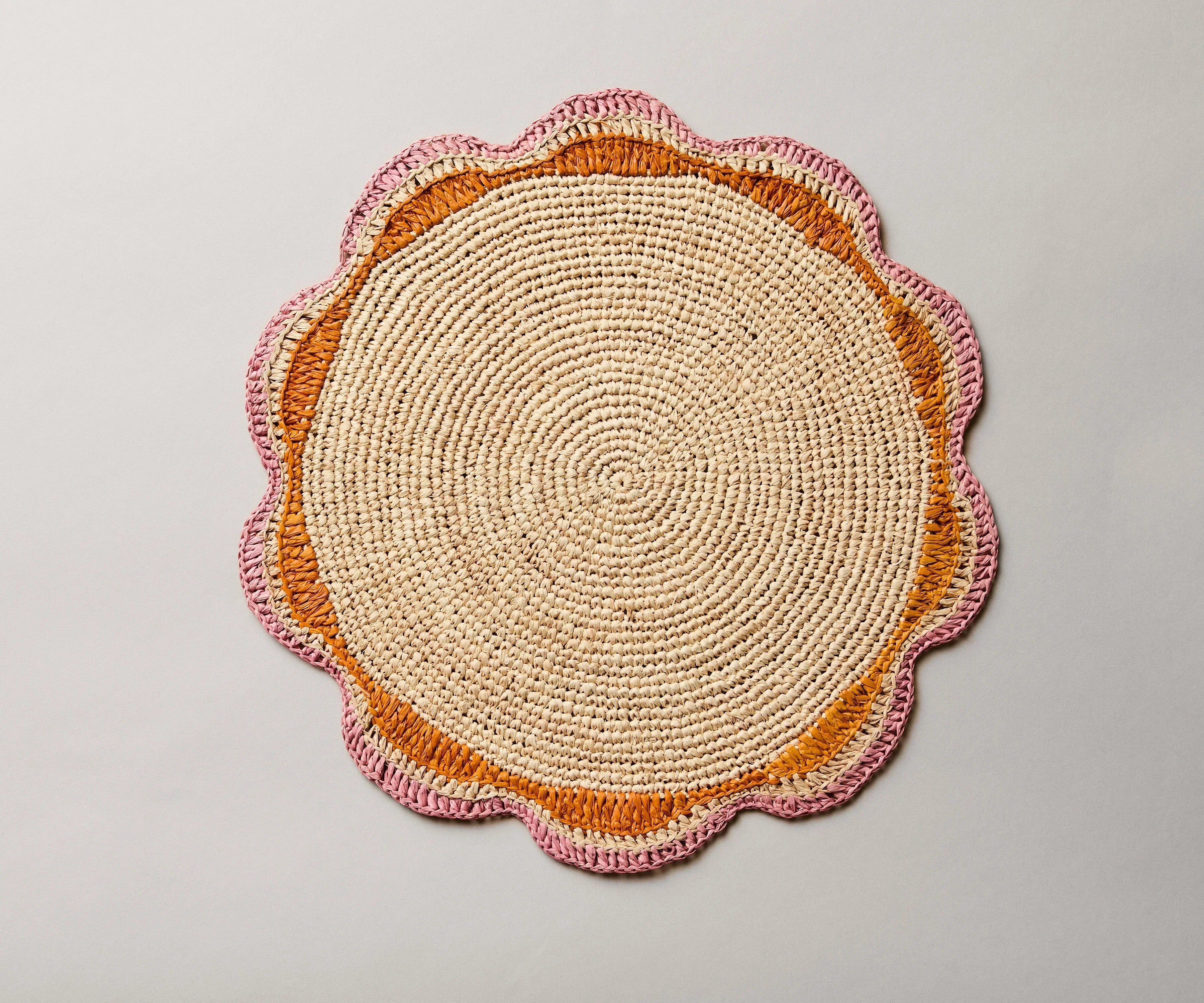 Round Pink Raffia Placemat – 14” Handwoven Crochet – Garden Party & Summer Table Decor Payton James