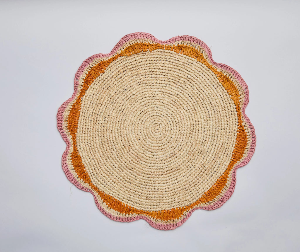 Round Pink Raffia Placemat – 14” Handwoven Crochet – Garden Party & Summer Table Decor Payton James