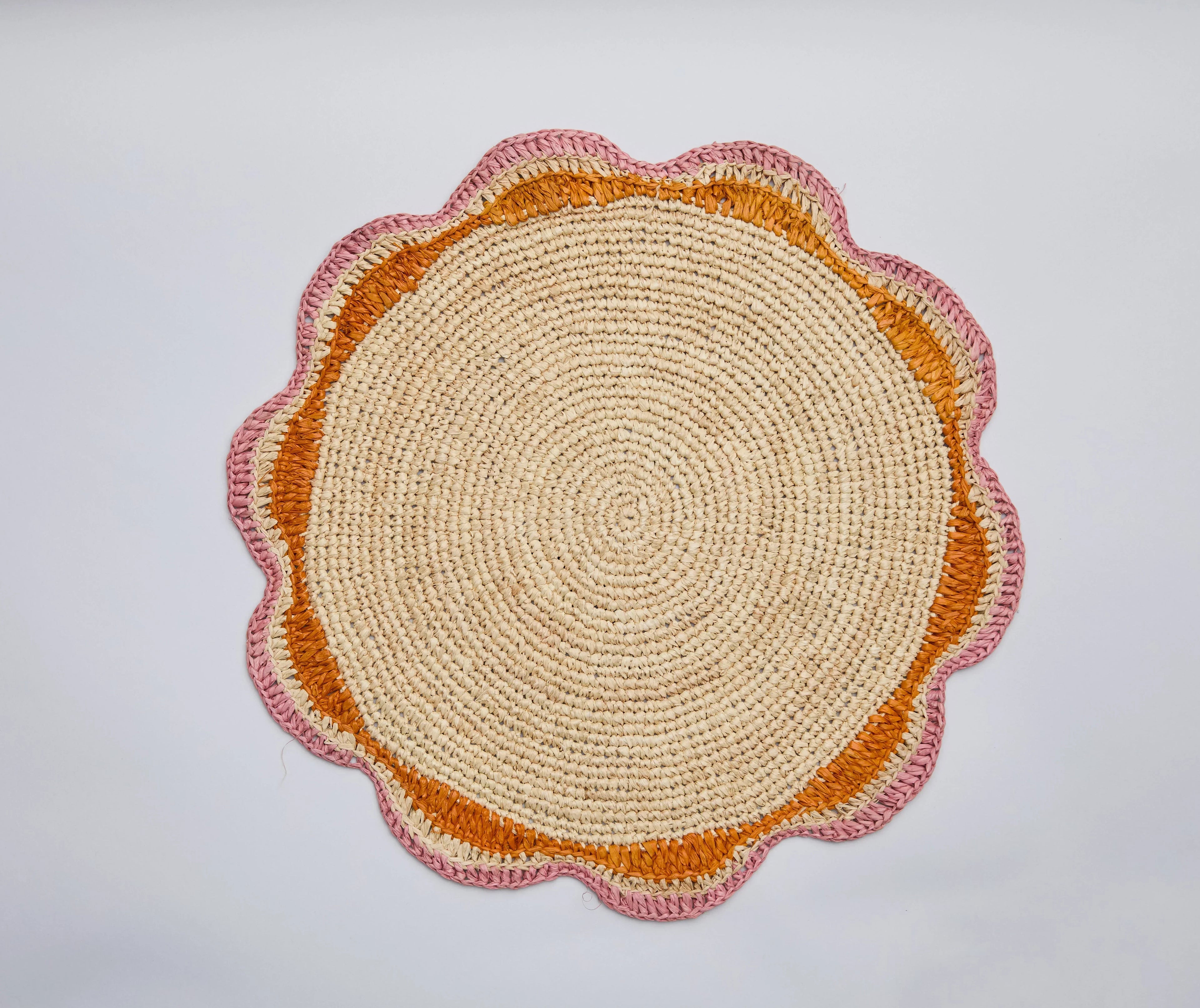 Round Pink Raffia Placemat – 14” Handwoven Crochet – Garden Party & Summer Table Decor Payton James