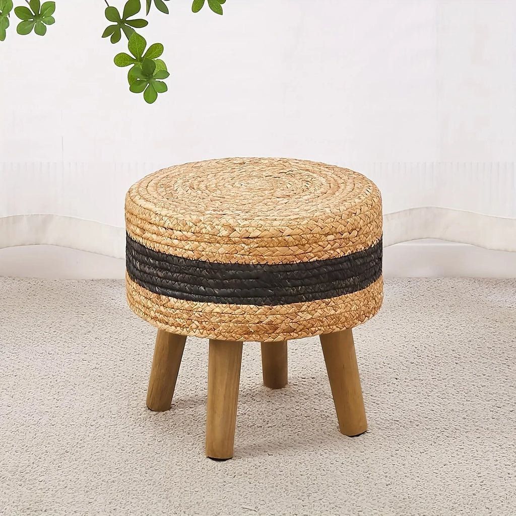 Round Ottoman Natural Seagrass Footstool Hand Weave Water Hyacinth Poufs Sofa Foot Stool Soft Step Stool Padded Foot Rest With Pine Legs For Living Room House Of Avana