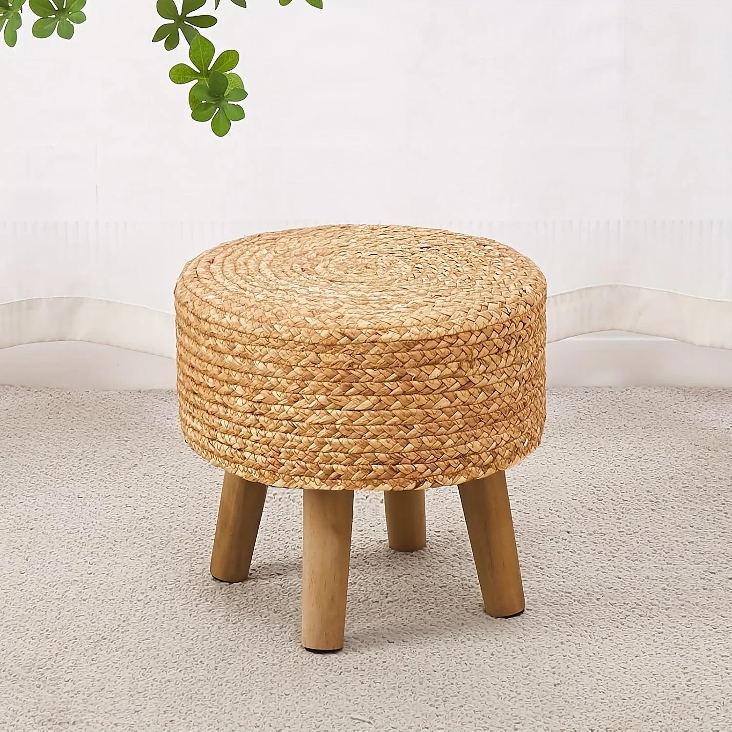 Round Ottoman Natural Seagrass Footstool Hand Weave Water Hyacinth Poufs Sofa Foot Stool Soft Step Stool Padded Foot Rest With Pine Legs For Living Room House Of Avana