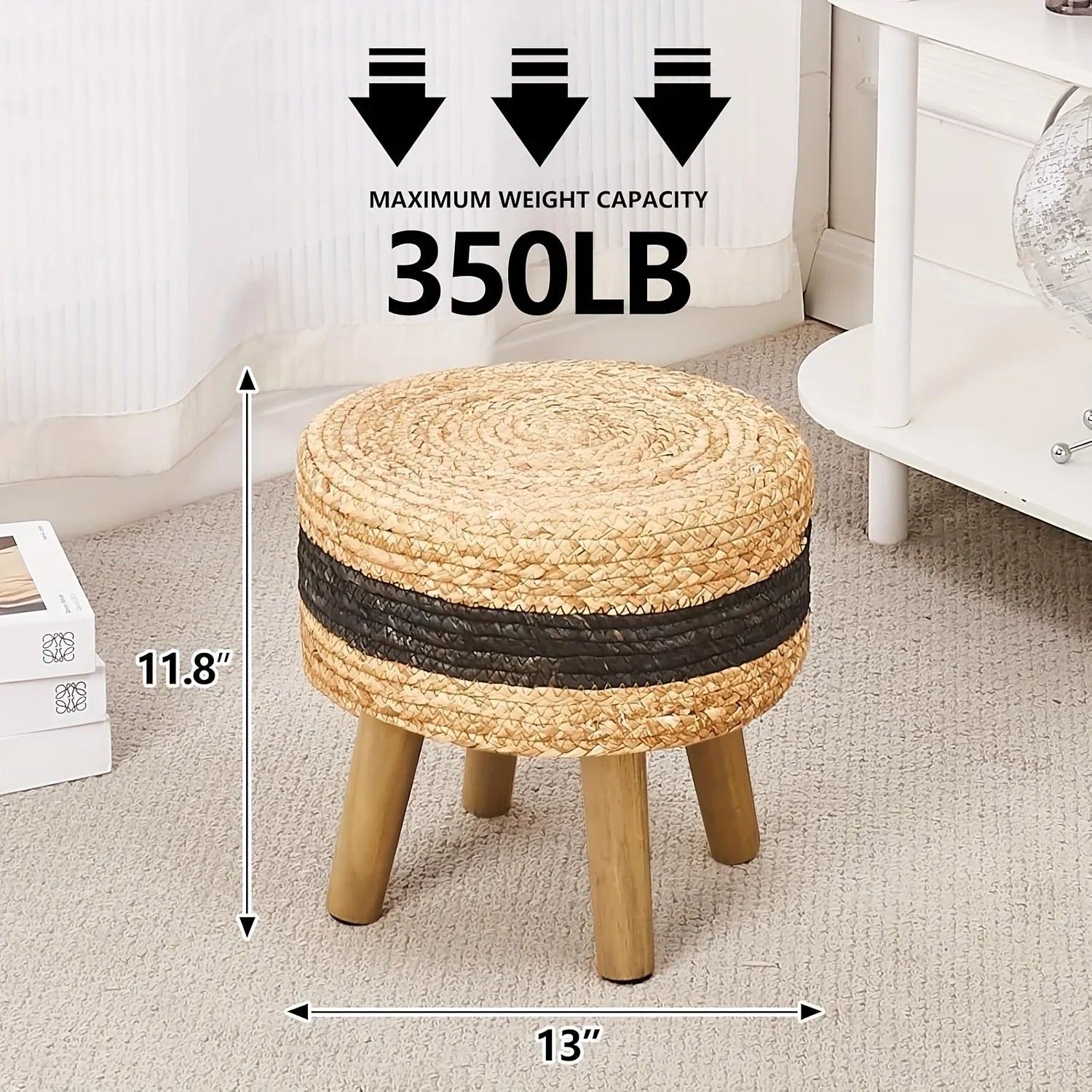 Round Ottoman Natural Seagrass Footstool Hand Weave Water Hyacinth Poufs Sofa Foot Stool Soft Step Stool Padded Foot Rest With Pine Legs For Living Room House Of Avana