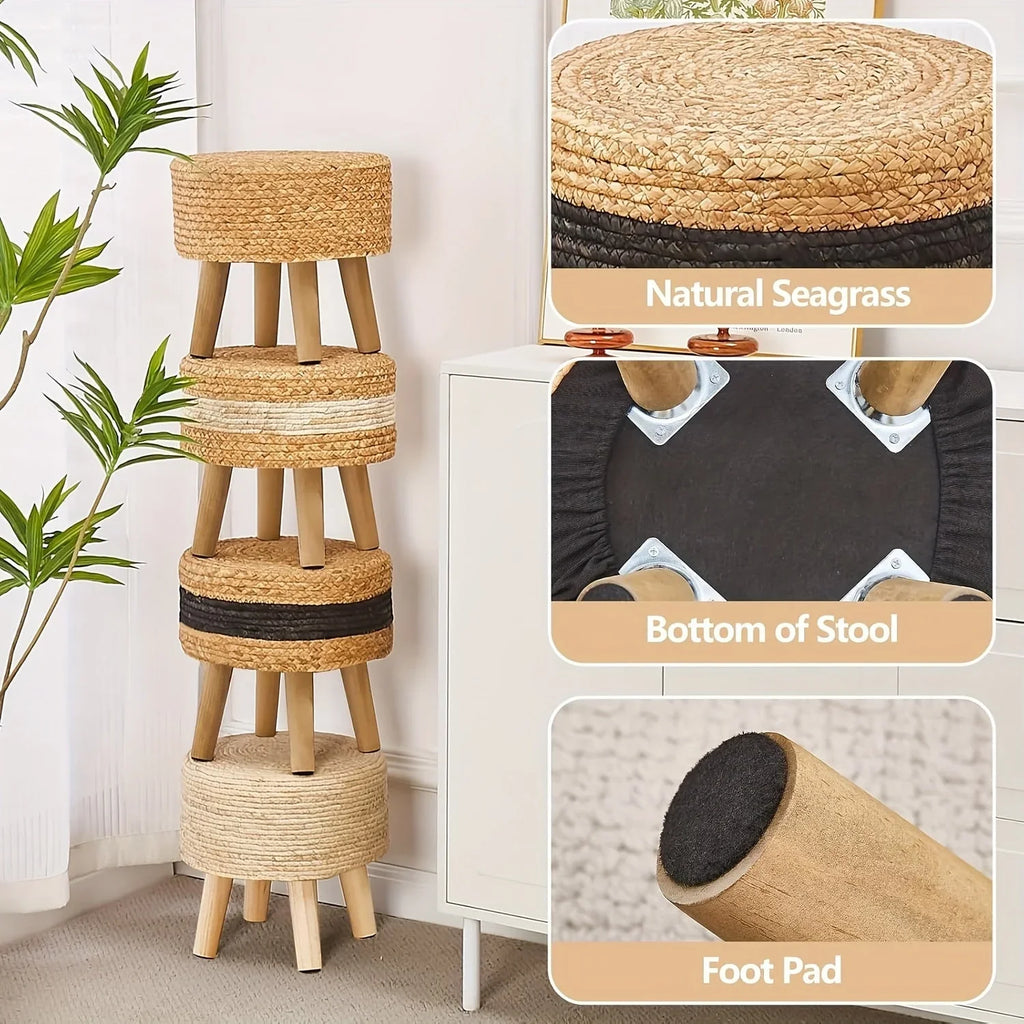 Round Ottoman Natural Seagrass Footstool Hand Weave Water Hyacinth Poufs Sofa Foot Stool Soft Step Stool Padded Foot Rest With Pine Legs For Living Room House Of Avana