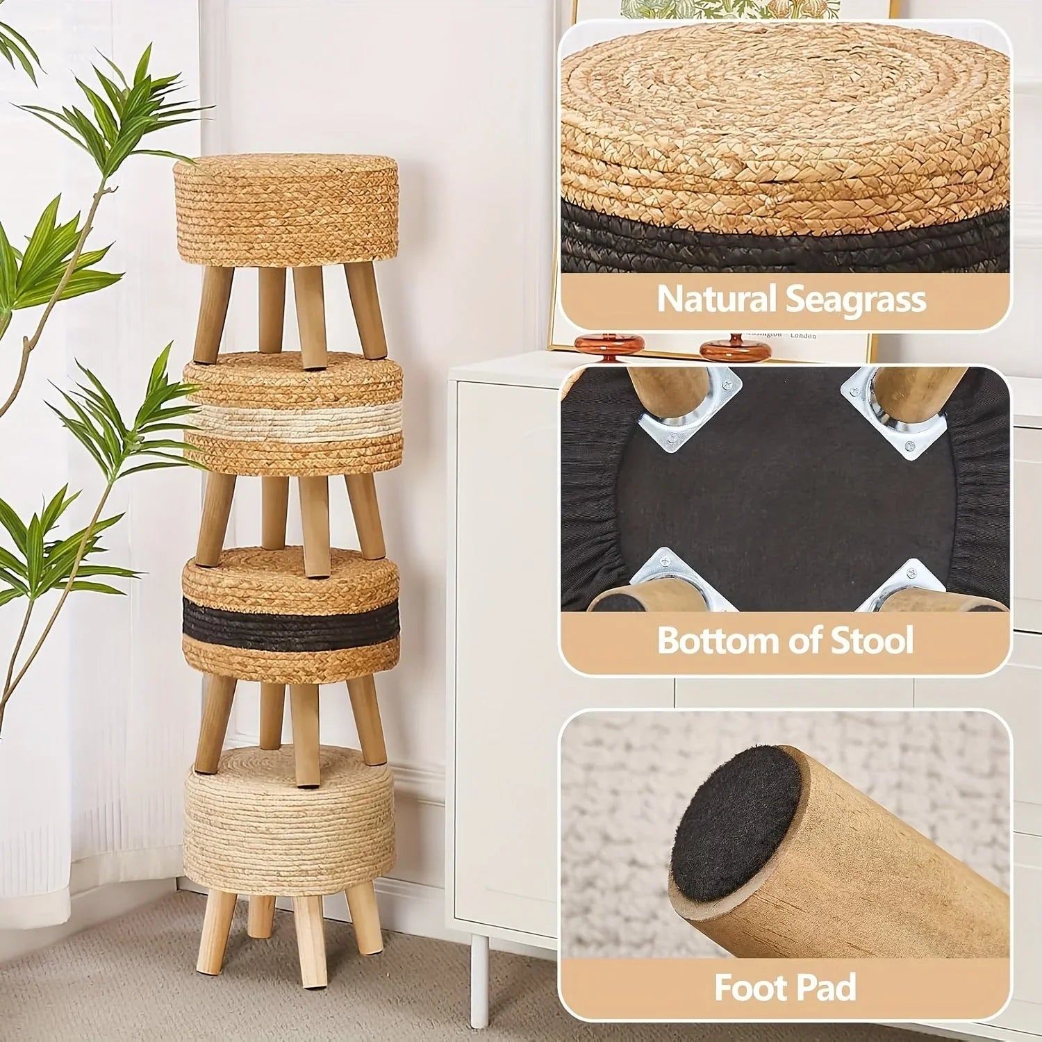 Round Ottoman Natural Seagrass Footstool Hand Weave Water Hyacinth Poufs Sofa Foot Stool Soft Step Stool Padded Foot Rest With Pine Legs For Living Room House Of Avana