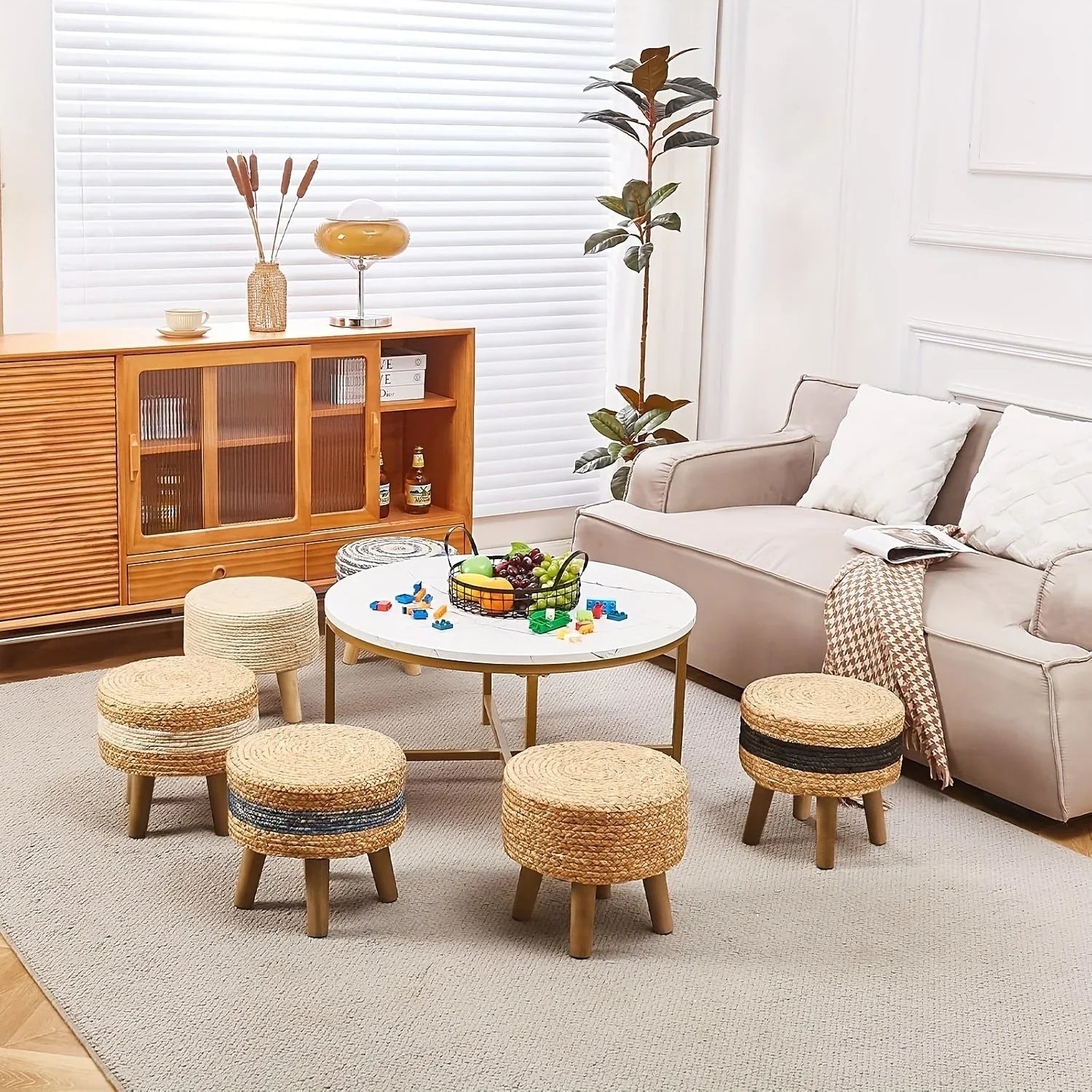 Round Ottoman Natural Seagrass Footstool Hand Weave Water Hyacinth Poufs Sofa Foot Stool Soft Step Stool Padded Foot Rest With Pine Legs For Living Room House Of Avana