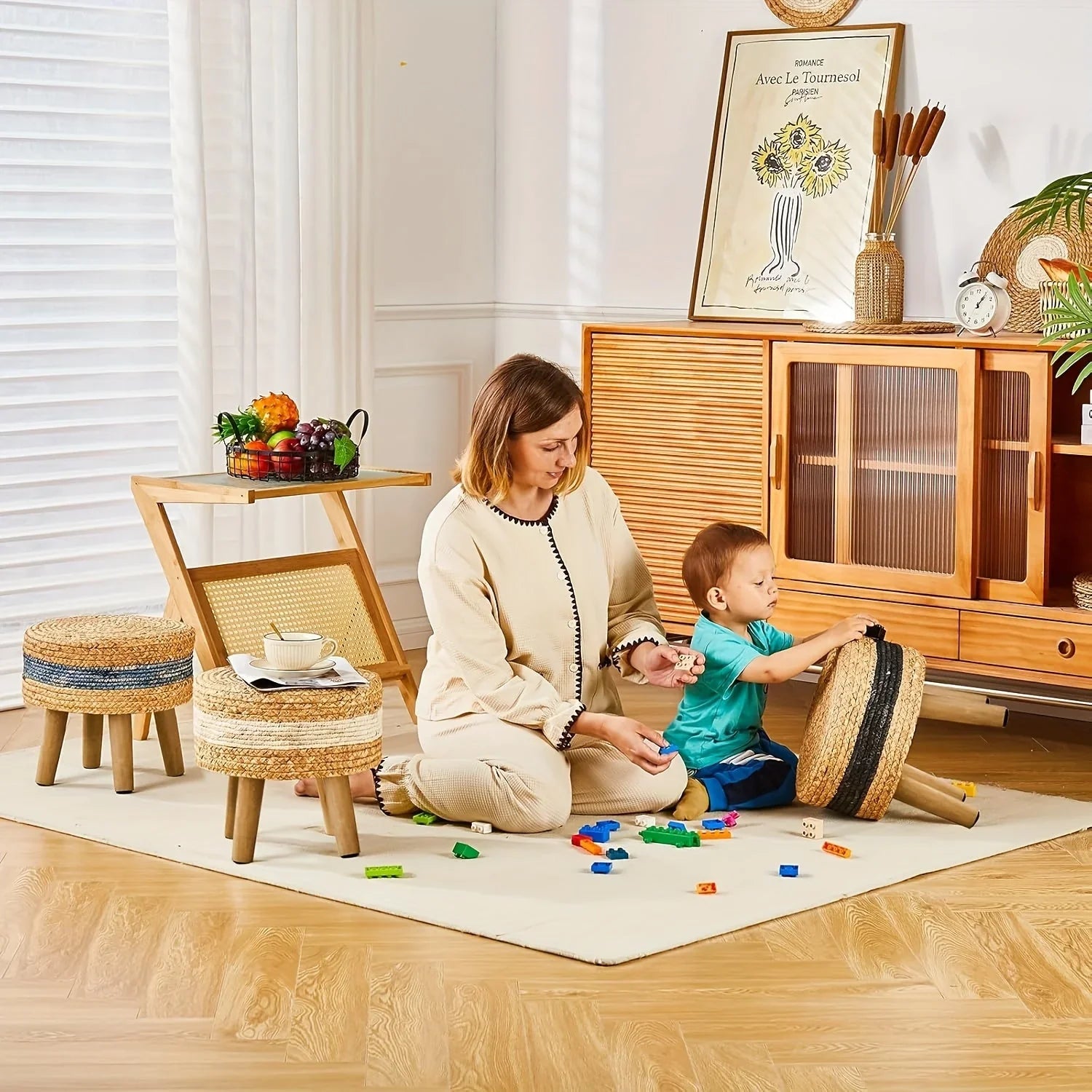 Round Ottoman Natural Seagrass Footstool Hand Weave Water Hyacinth Poufs Sofa Foot Stool Soft Step Stool Padded Foot Rest With Pine Legs For Living Room House Of Avana