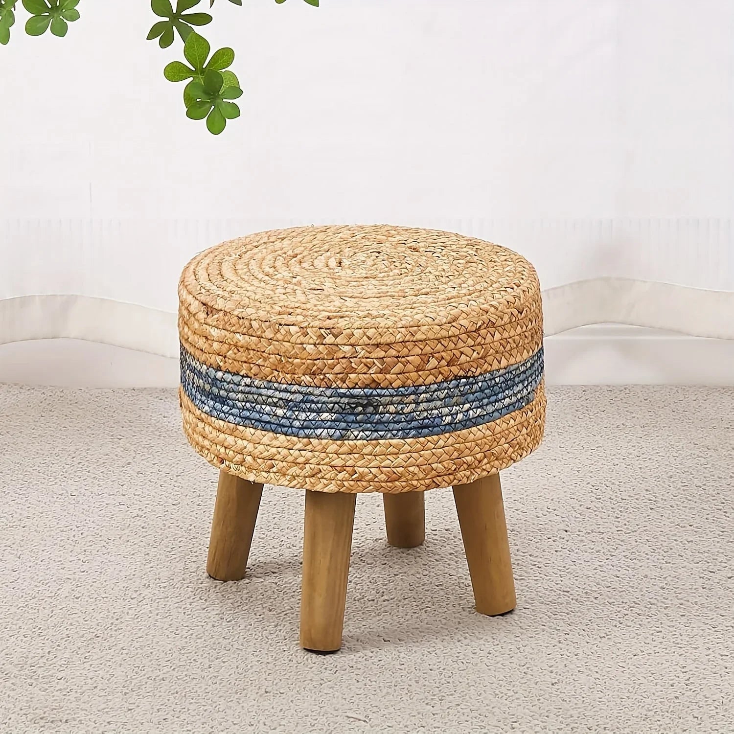 Round Ottoman Natural Seagrass Footstool Hand Weave Water Hyacinth Poufs Sofa Foot Stool Soft Step Stool Padded Foot Rest With Pine Legs For Living Room House Of Avana