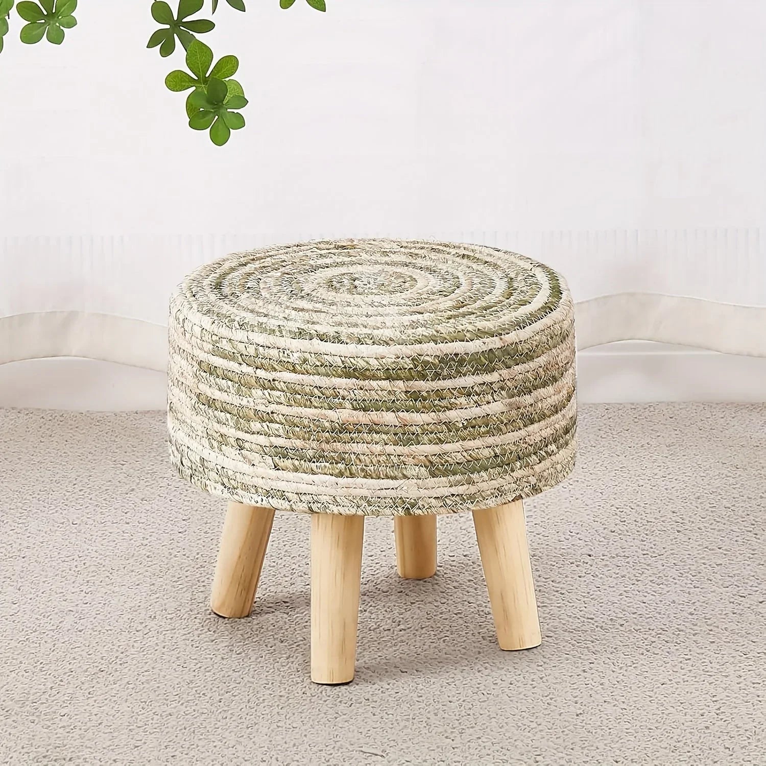 Round Ottoman Natural Seagrass Footstool Hand Weave Water Hyacinth Poufs Sofa Foot Stool Soft Step Stool Padded Foot Rest With Pine Legs For Living Room House Of Avana