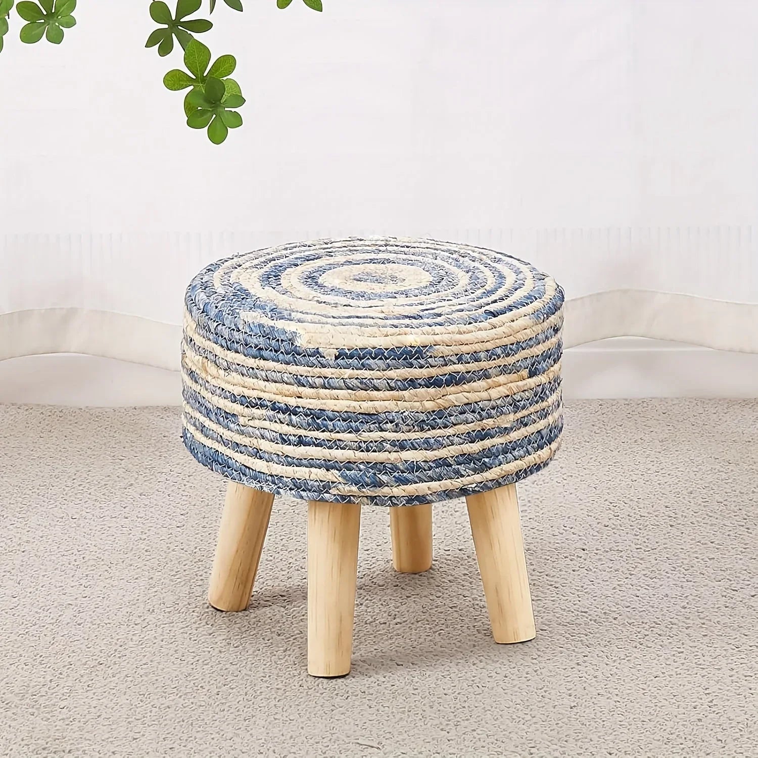 Round Ottoman Natural Seagrass Footstool Hand Weave Water Hyacinth Poufs Sofa Foot Stool Soft Step Stool Padded Foot Rest With Pine Legs For Living Room House Of Avana