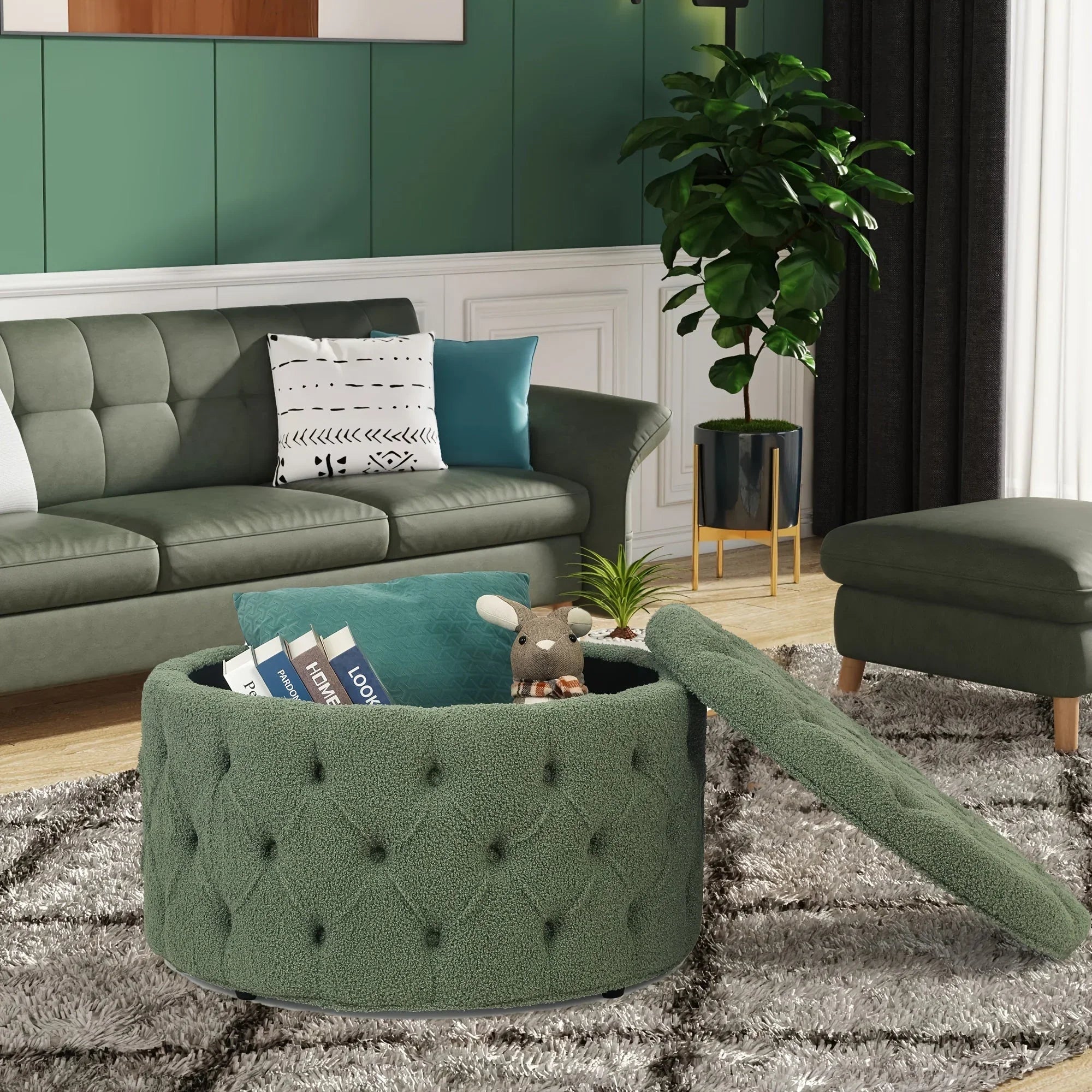 Round Storage Ottoman, Button Tufted Upholstered Ottoman with Removable Top, Storage Bench Coffee Table Footrest Stool for Living Room Bedroom Entryway House Of Avana