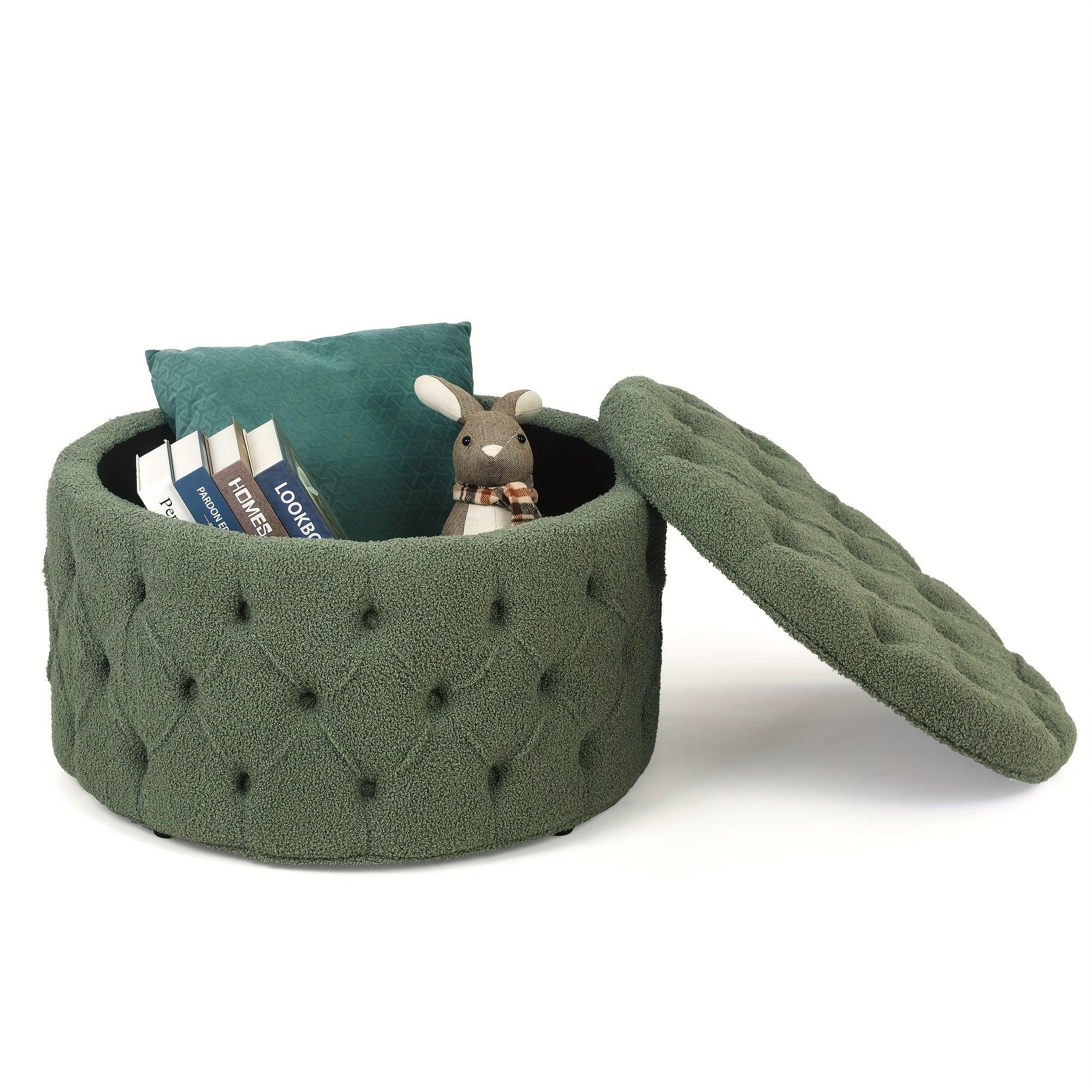 Round Storage Ottoman, Button Tufted Upholstered Ottoman with Removable Top, Storage Bench Coffee Table Footrest Stool for Living Room Bedroom Entryway House Of Avana