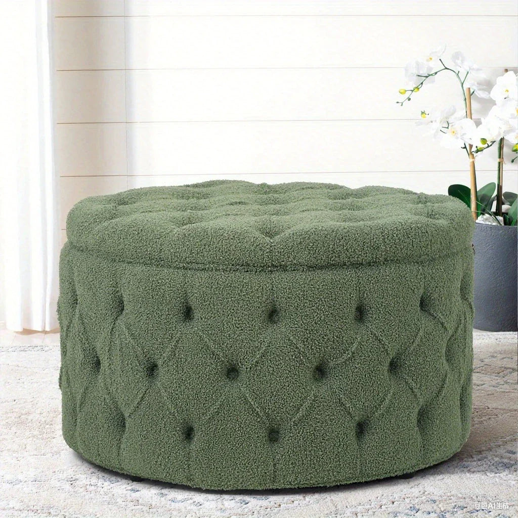 Round Storage Ottoman, Button Tufted Upholstered Ottoman with Removable Top, Storage Bench Coffee Table Footrest Stool for Living Room Bedroom Entryway House Of Avana